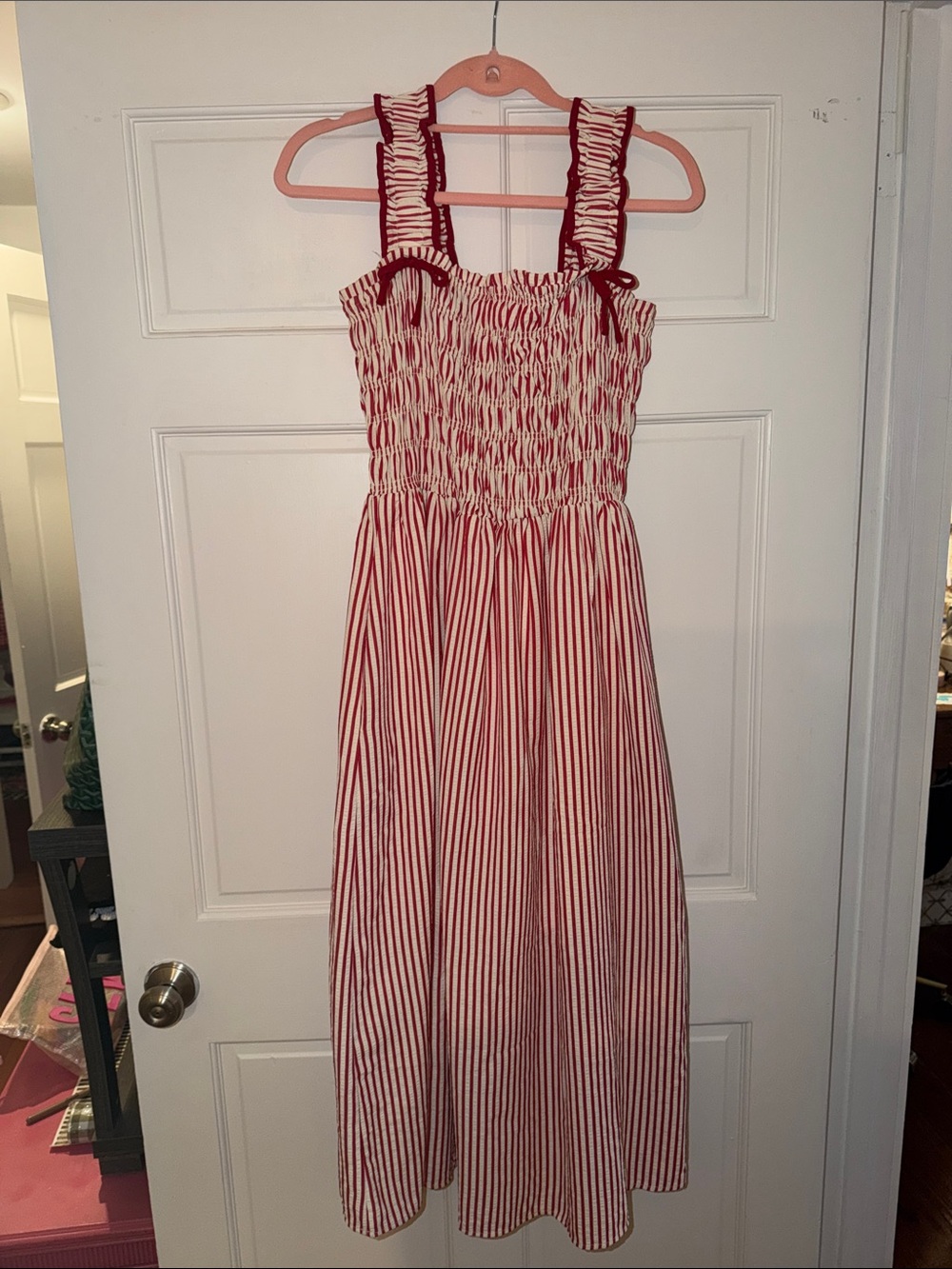 Women’s Red and White Striped Sundress with Smocked Bodice w pockets